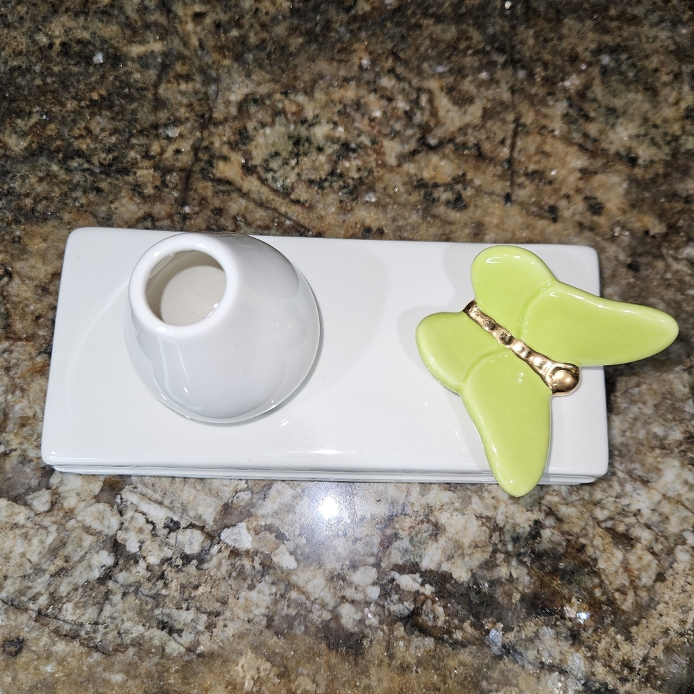 NF Nora Fleming White Ceramic Bud Vase Pen Toothpick Holder Green Butterfly HTF - Picture 3 of 16
